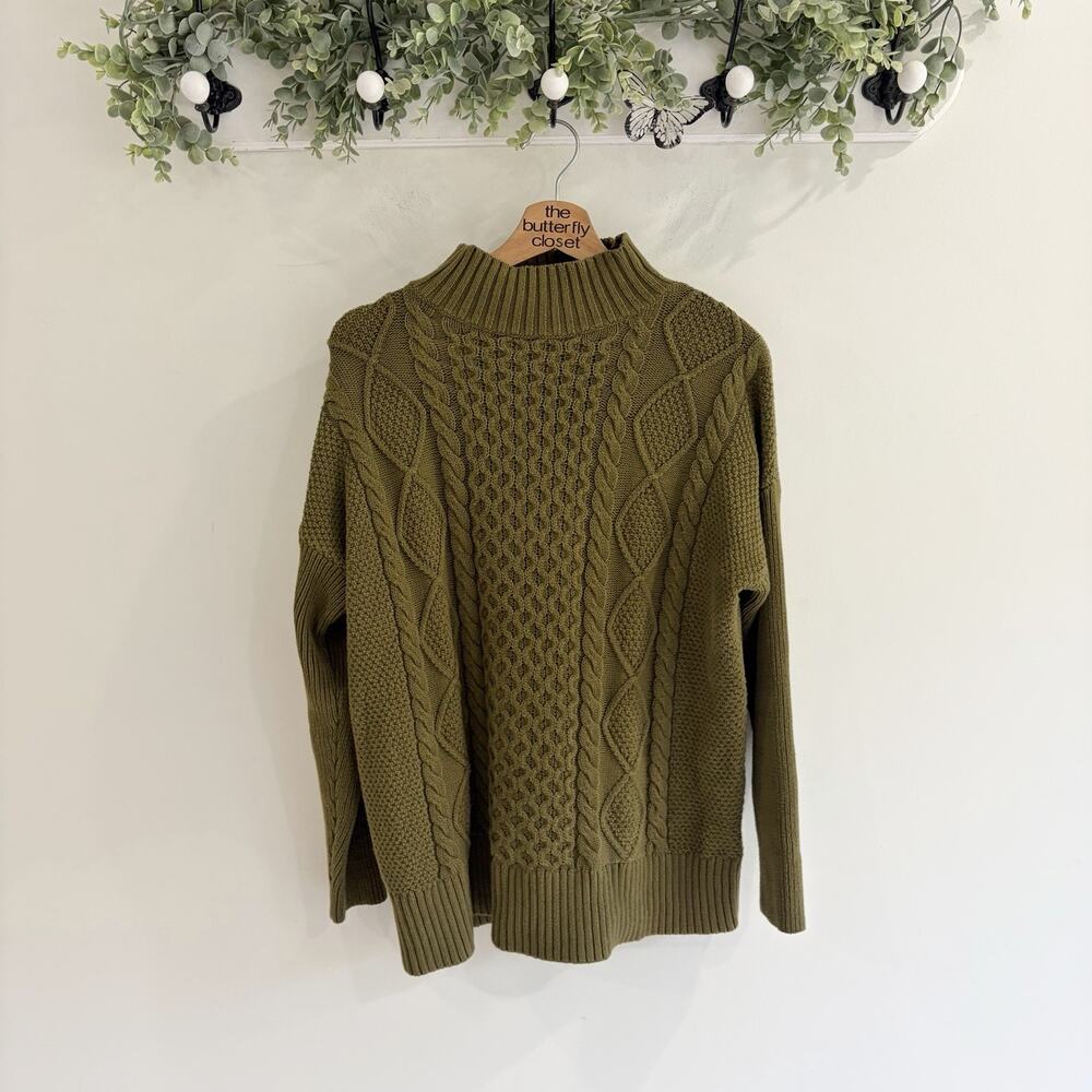 J. Crew Olive Green cable Knit Mocker Sweater Cable Knit Pattern S 6 5712